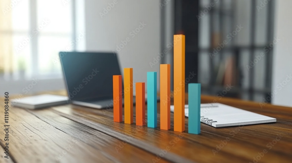 Poster colorful bar graph on table with laptop and notebook in background