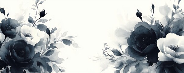 Elegant Black and White Floral Funeral Invitation Template with Roses and Empty Copy Space for Condolences Sympathy Card