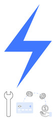 Blue lightning bolt, wrench, credit card, currency symbols, and hand with coin. Ideal for financial services, repairs, payments, energy solutions currency exchange online transactions business