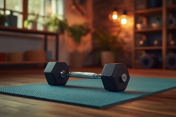 Hexagonal dumbbell rests on teal yoga mat in home gym.