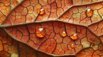 Fototapeta premium Close-up of a dried leaf's intricate vein structure with water droplets.