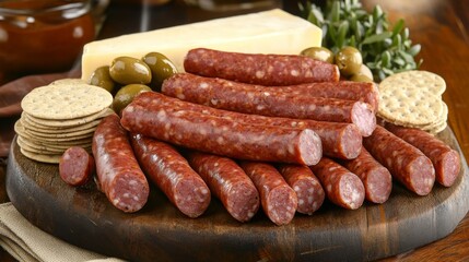 Assorted Sausages with Cheese and Crackers on Wooden Platter
