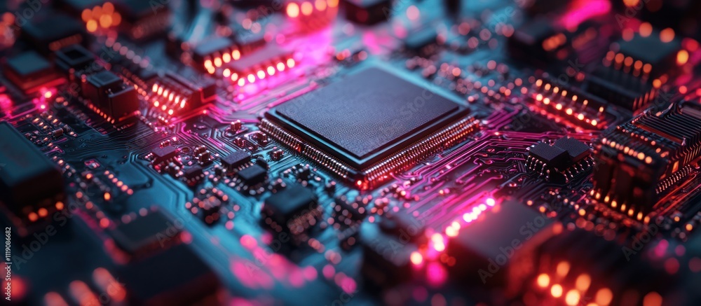 Poster close-up of a circuit board with a central processor chip and red and blue lights.