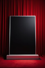 arafed picture of a large screen on a stand with red curtains