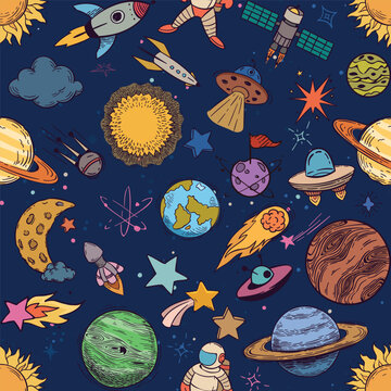 Seamless pattern background design, astronomy, planet, asteroid, astrology, comet, cosmic, star, sun, moon, fantacy, galaxy, spaceman, satellite, earth, nebula, orbit, vector art illustration design