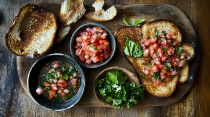 Freshly Made Tomato Salsa on Toasted Bread with Herbs and Spices
