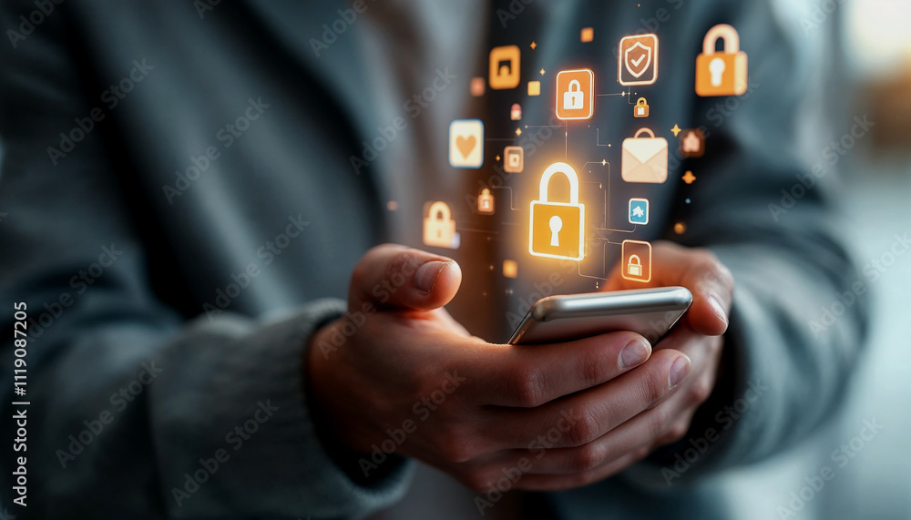 Poster a man's hand holding a smartphone with a glowing lock icon and various app icons floating around it,