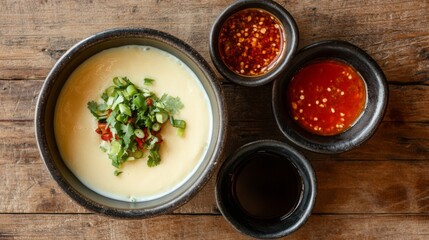 Creamy Soup with Fresh Herbs and Various Sauces on Wooden Table