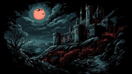 Obraz premium t shirt design A haunted castle that is guarded by a dragon