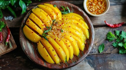 Fresh Mango Slices with Chili Flakes and Herbs on Wooden Plate