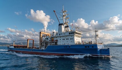 Naklejka premium Large cargo ship navigating through ocean with powerful engine against blue sky background