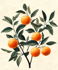 Orange Fruits and Leaves Botanical Illustration in Watercolor Style