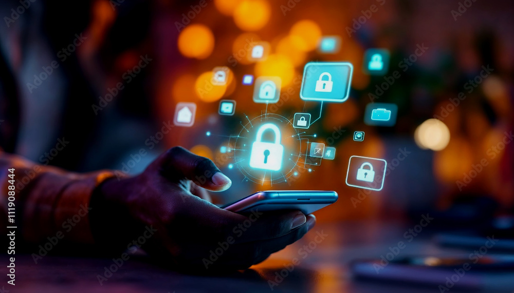 Poster a man's hand holding a smartphone with a glowing lock icon and various app icons floating around it,