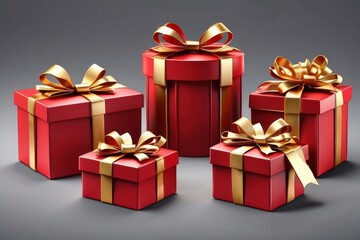 Obraz premium red gift box isolated with gold satin bow ribbon fly. festive holiday christmas,happy new years,mother day,wedding celebration,birth day shopping luxury present.