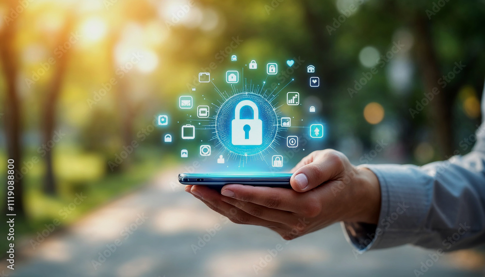 Poster a man's hand holding a smartphone with a glowing lock icon and various app icons floating around it,