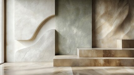 Textured wall panels in earthy green beige taupe shades creating a rustic abstract grid pattern with soft natural lighting and minimalistic composition
