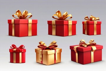 Obraz premium red gift box isolated with gold satin bow ribbon fly. festive holiday christmas,happy new years,mother day,wedding celebration,birth day shopping luxury present.