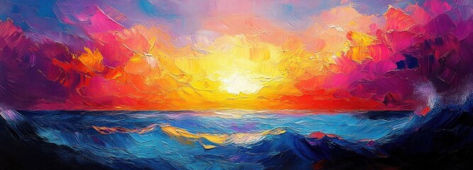 Ocean Sunset Abstract Painting Vibrant Seascape with Warm Colors Bright Brushstroke Texture for Vacation Beach Travel Illustration