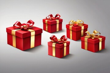 Obraz premium red gift box isolated with gold satin bow ribbon fly. festive holiday christmas,happy new years,mother day,wedding celebration,birth day shopping luxury present.