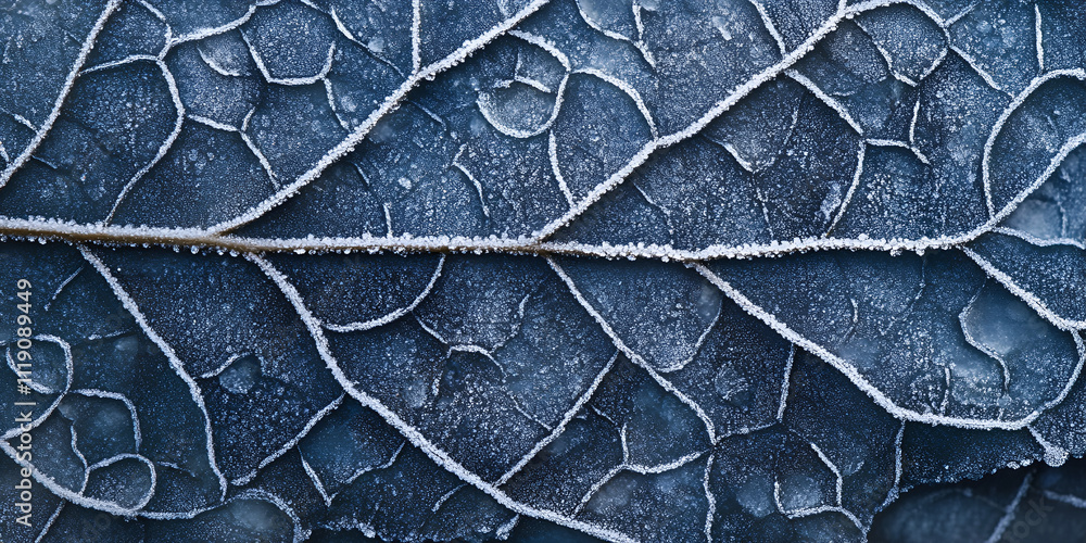 Aufkleber frost-kissed leaf: an intricate network of veins on a leaf, delicately frosted with winter's touch, 