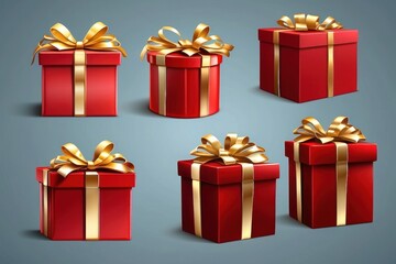 Obraz premium red gift box isolated with gold satin bow ribbon fly. festive holiday christmas,happy new years,mother day,wedding celebration,birth day shopping luxury present.