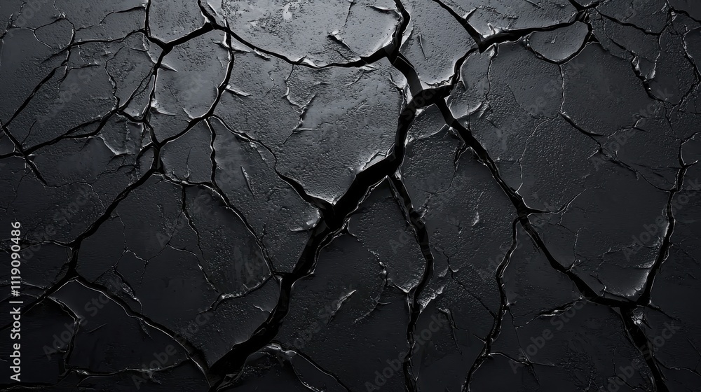 Poster mysterious black surface with cracks and ruptures, dark abstract background for design