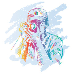 Naklejka premium Vector sketch of a photographer with a camera in his hands. Hand-drawn illustration.
