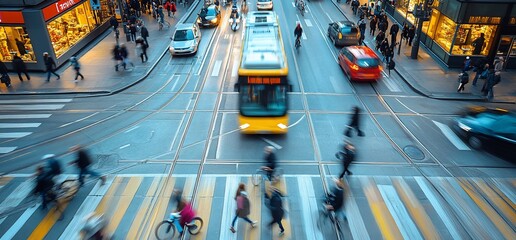Busy city intersection with tram, cars, pedestrians, and cyclists.