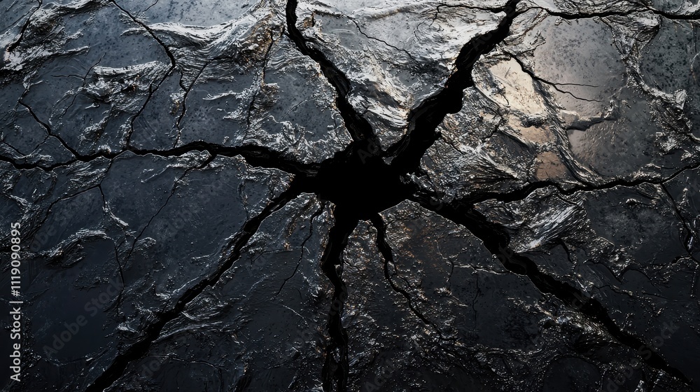 Poster mysterious fractured surface with a deep void breaking through the black texture