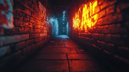 Dark alleyway with graffiti and neon lights.