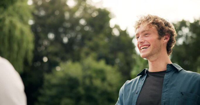 Outdoor, men and greeting of friends with laughing, gen z and hug with conversation in park. Connection, together and reunion with smile, happy and friendship with support and embrace with space