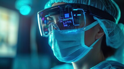 Surgeon using VR headset analyzes medical scans in operating room