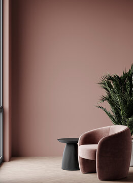 Mocha mousse tone wall accent and furniture armchair. Trend color of the 2025 year. Living lounge room. 3d render