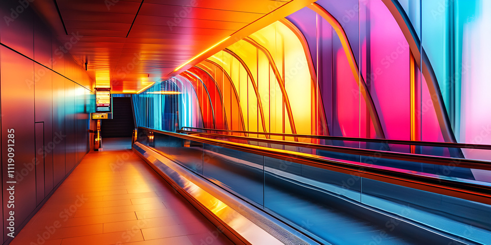 Poster a journey of color: a vibrant walkway illuminated by a dazzling display of colorful glass panels, cr