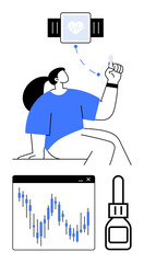 Health-conscious individual checking blood sugar level with fitness tracker, analyzing data charts, and using medicine. Ideal for healthcare, fitness, monitoring, diabetes, data analysis, medicine