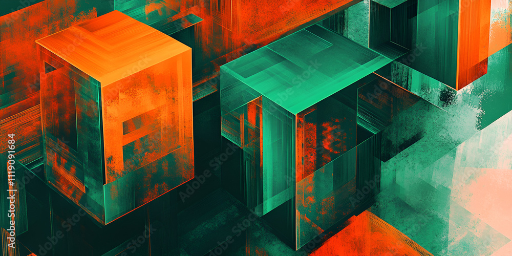 Poster abstract cubism: emerald and burnt orange hues paint a vibrant, dynamic composition of intersecting 