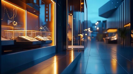 A stunning nighttime view of a modern retail store showcasing elegant jewelry displays and vibrant city lights.
