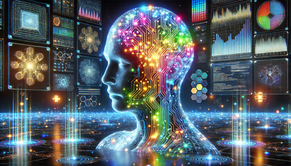 Fototapeta premium Artificial intelligence, featuring a glowing humanoid figure with a semi-transparent head filled with neon circuits.