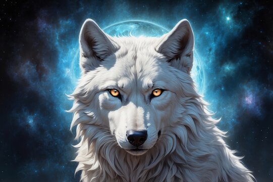 Majestic white wolf portrait against a cosmic backdrop of nebula and moon. - Powered by Adobe