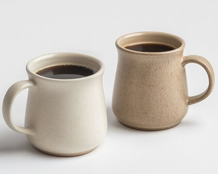 Two mugs one beige and the other white cerami