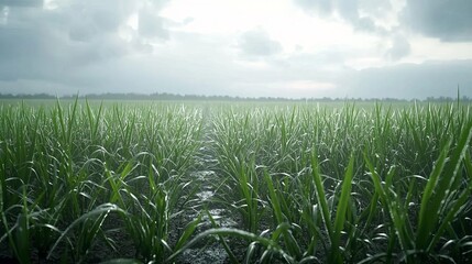 Obraz premium Lush green sugarcane field under a cloudy sky, showcasing vibrant growth and agricultural beauty.