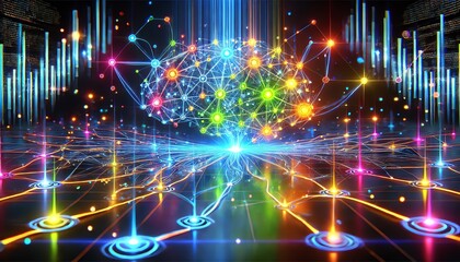 Obraz premium Deep learning in machine learning, featuring a glowing neural network structure with interconnected nodes