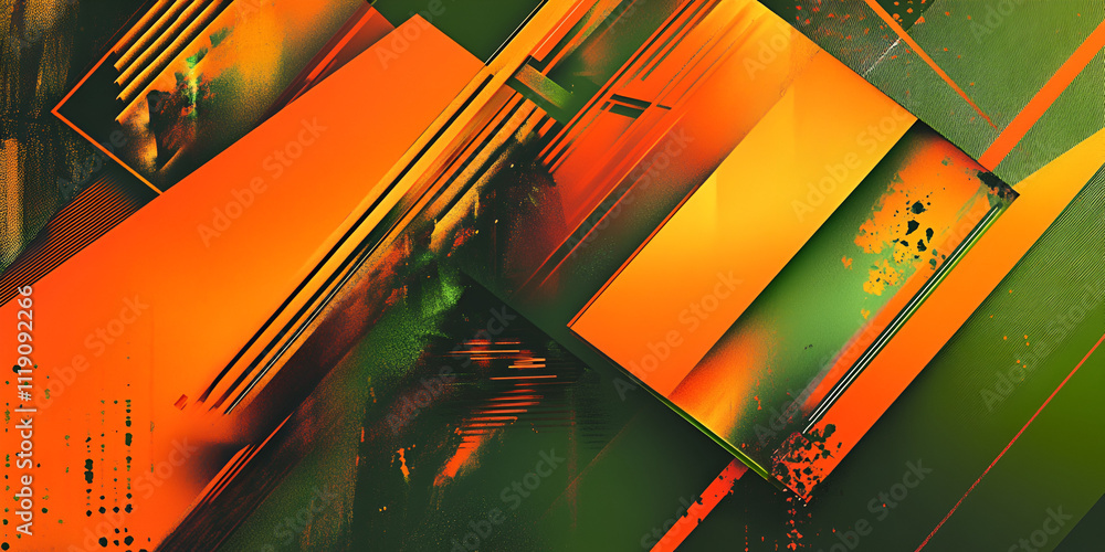 Poster Abstract Geometry:  Vibrant orange and green geometric shapes overlap and intersect, creating a dynamic and abstract composition.