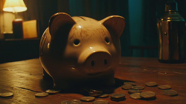 Broken piggy bank with coins scattered around, symbolizing financial struggle and the need for careful budgeting and saving.
