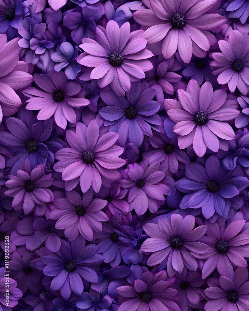 Poster a vibrant array of purple flowers in various shades, creating a visually appealing pattern.