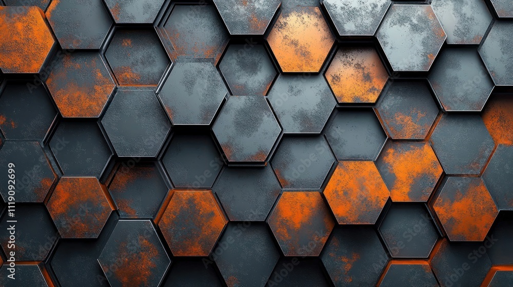 Poster abstract hexagonal metal background with gray rust colors and industrial textures in 3d rendering