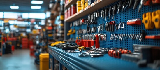 Tools displayed on a blue pegboard in a hardware store with other tools in the background.