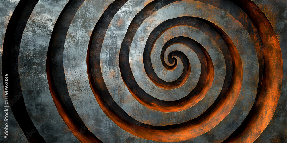 Poster metal spiral: a mesmerizing abstract spiral pattern on a textured metal surface, creating an intrigu