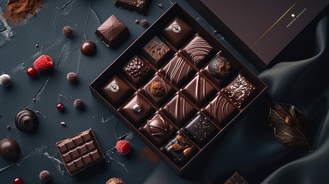 Gourmet dark chocolate assortment in elegant box, surrounded by cocoa powder, berries, and individual chocolates.