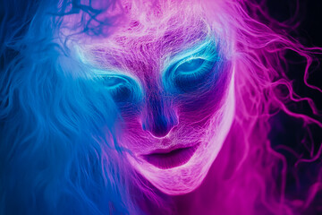 Obraz premium A close-up of the face of an ethereal, beautiful woman with long hair made of neon blue and pink light waves.